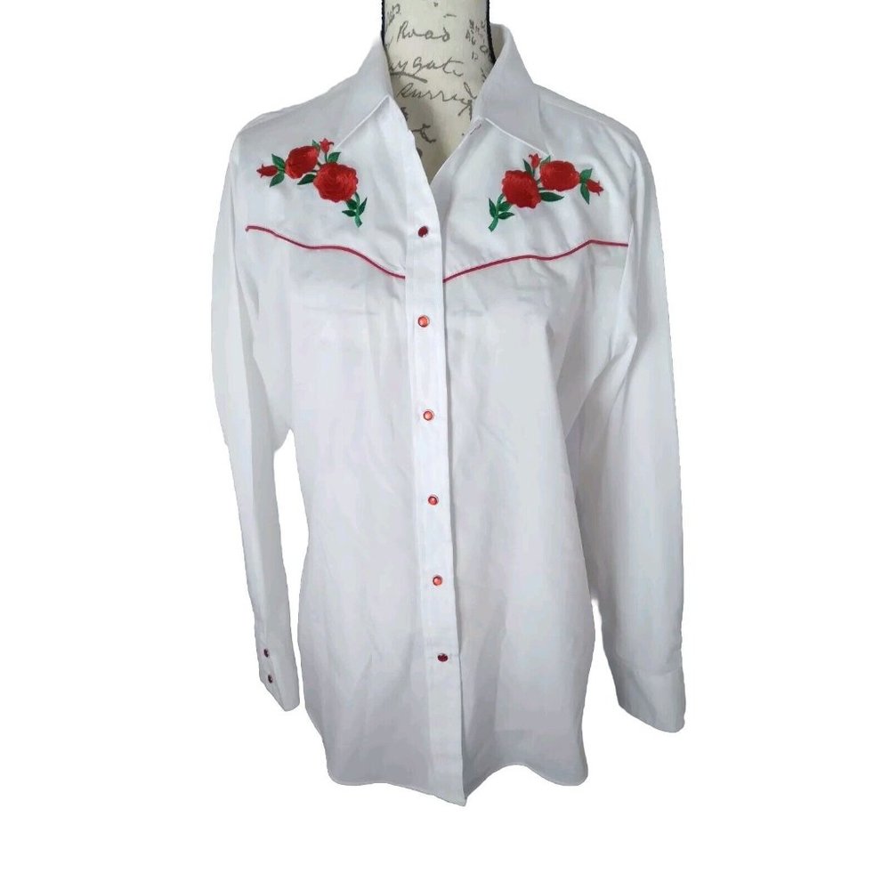 Country Charmers Ely western white embroidered red roses Snap Shirt women’s LRG